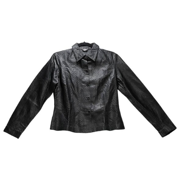 & TROUSERS Jacket Black Perforated Dots Texture Tailored Leather Women's Size 6 - Picture 3 of 13